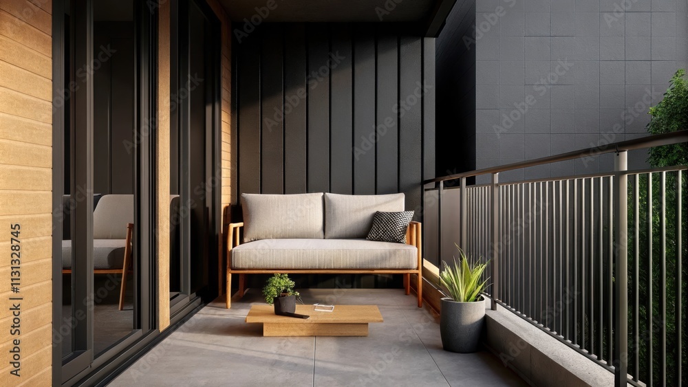 Aufkleber a minimalist balcony adorned with an elegant outdoor sofa in weatherresistant fabric a small coffee 