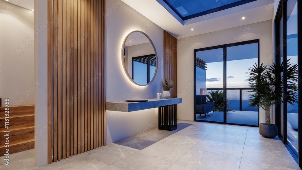 Poster An airy entryway with a sculptural console table a large round mirror reflecting light and a single potted plant that adds a touch of nature while keeping the aesthetic clean and