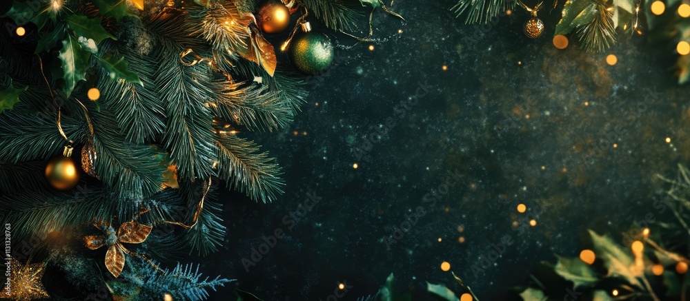 Leinwandbilder christmas or new year festive background with green tree branches ornaments and sparkling lights rea