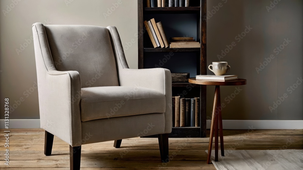 Poster A cozy reading nook is adorned with a comfortable armchair upholstered in soft fabric nestled beside a tall bookshelf filled with calming literature and a small side table holding