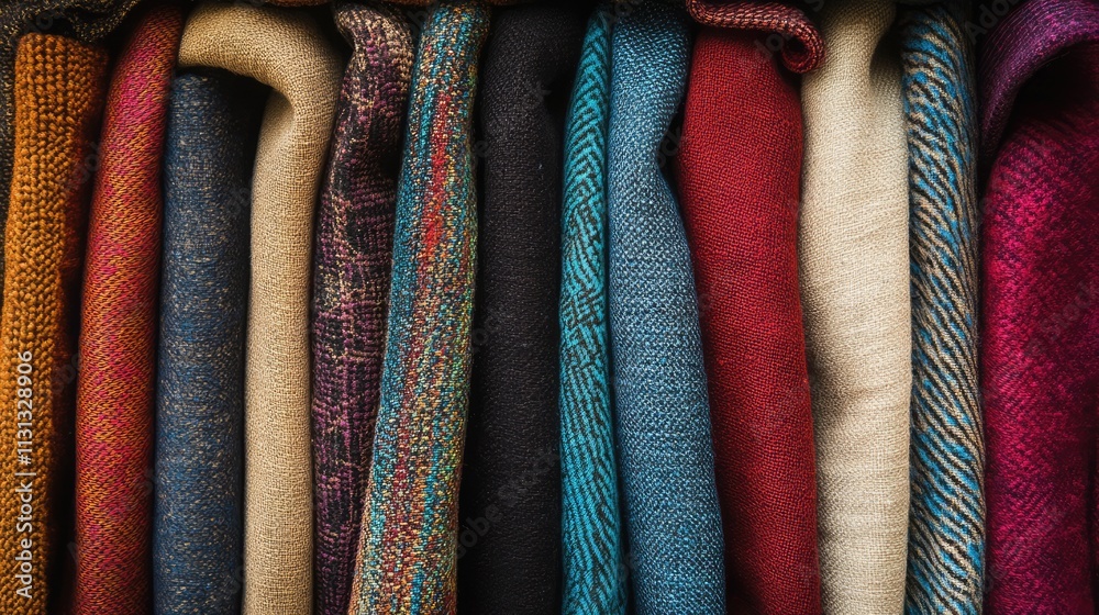 Leinwandbilder Colorful fabric textures arranged neatly for use in design projects showcasing textile patterns and craftsmanship.