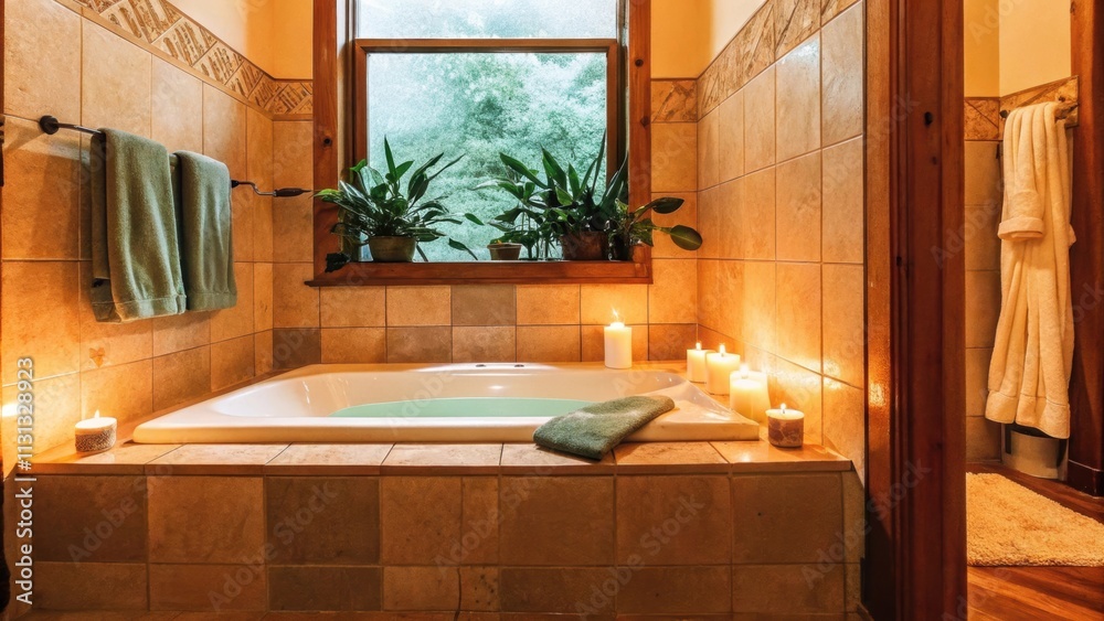 Poster A serene bathroom designed for relaxation featuring a deep soaking tub surrounded by stone tiles and soft candles. A window lets in natural light highlighting the calming hues of