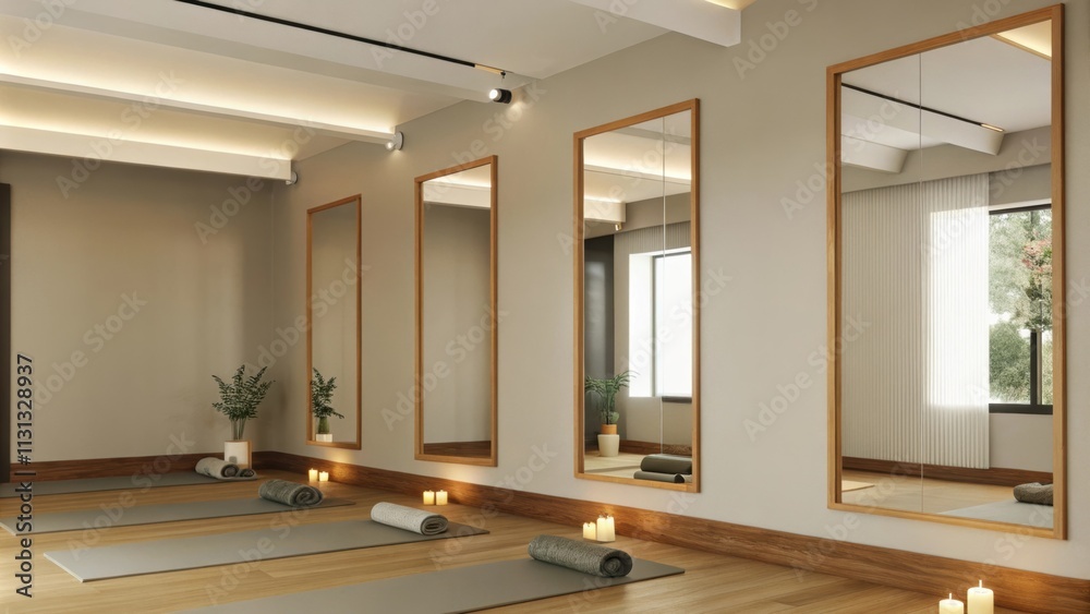 Poster a yoga studio with soft natural wood floors and large mirrors reflecting the peaceful ambiance. the 