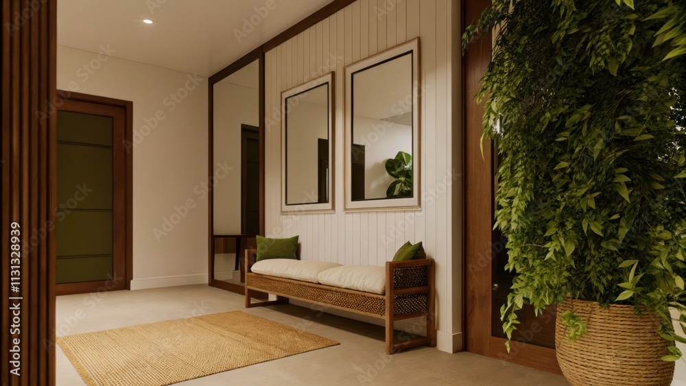 Poster A spacious entryway features a woven bench made of natural fibers accented with fluffy cushions. A gallery wall of simple framed art and a large mirror reflect light while a jute