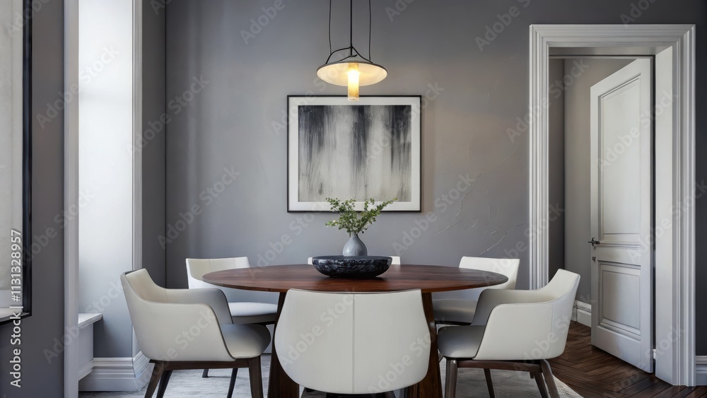 Poster a minimalist dining area with an elegant wooden table surrounded by simple white chairs a muted gray