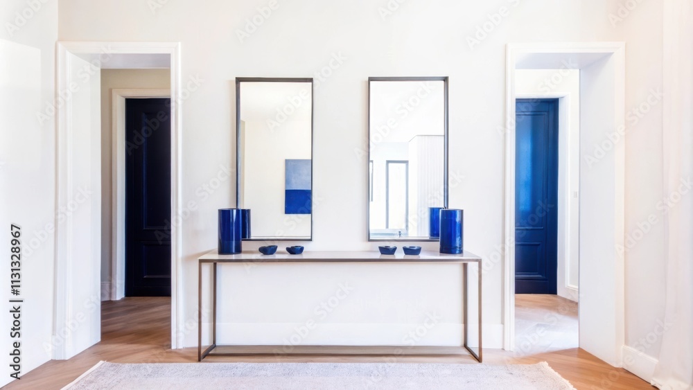 Poster A minimalist entrance hall with a sleek console table showcasing a few carefully arranged decorative objects. Faded cream walls and a soft rug invite warmth while large mirrors