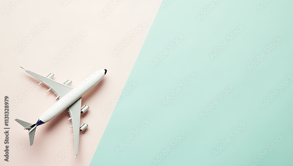Aufkleber a model airplane sits next to a plane on soft pastel colored backgrounds in a flat lay composition._