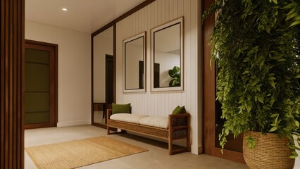 A spacious entryway features a woven bench made of natural fibers accented with fluffy cushions. A gallery wall of simple framed art and a large mirror reflect light while a jute