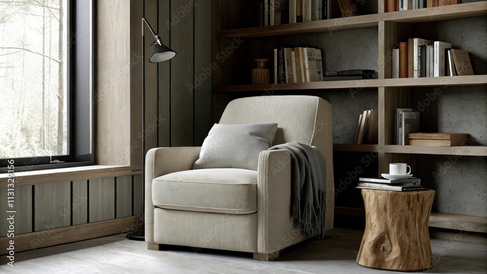 Aufkleber An inviting reading nook filled with a plush armchair upholstered in soft natural fabric a side table crafted from driftwood and shelves overflowing with books all bathed in warm