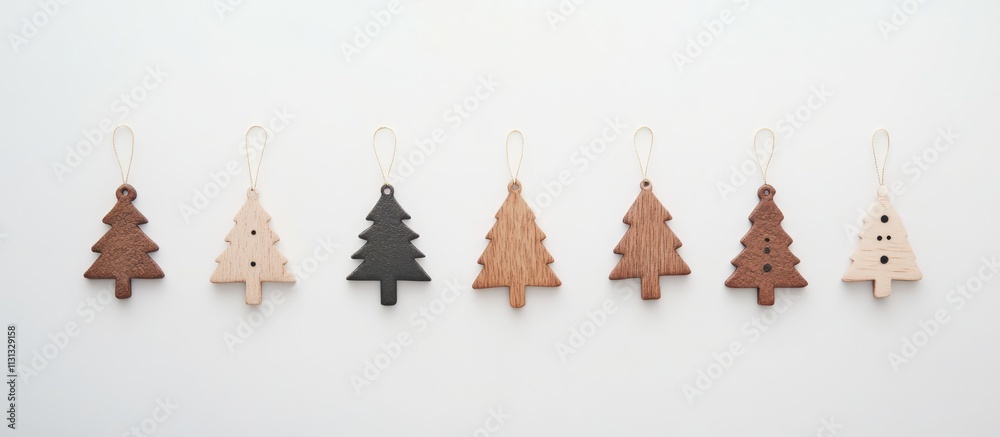 Poster wooden christmas tree ornaments arranged on a white background creating a festive and minimalist hol