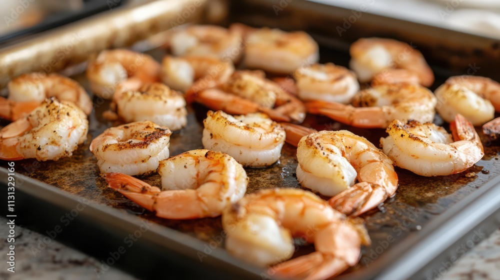 Poster succulent grilled shrimp arranged on a tray ready for serving with a golden-brown crust and appetizi