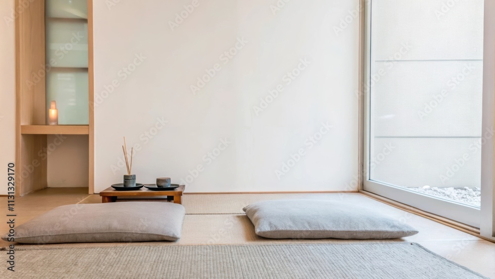 Poster a peaceful meditation room is simply furnished with a plush mat and a few soft cushions. pale colors