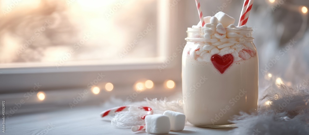 Poster Cocoa with marshmallows and candy canes in a decorated jar showcasing winter charm and festive decor close up on a cozy table setting
