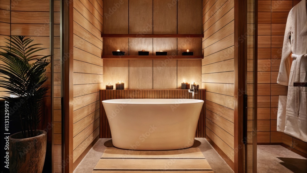 Poster a bath retreat showcases a freestanding tub with minimalist lines surrounded by warm wooden panels. 