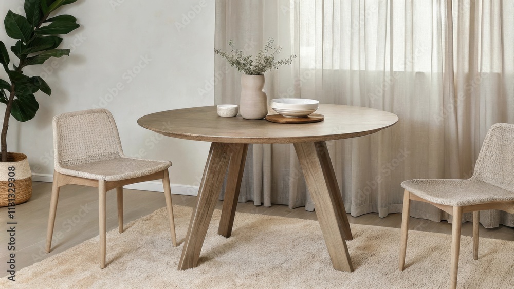 Poster A tranquil dining area showcasing a simple round wooden table with a live edge surrounded by minimalist chairs made of natural fibers complemented by a soft area rug and earthtoned