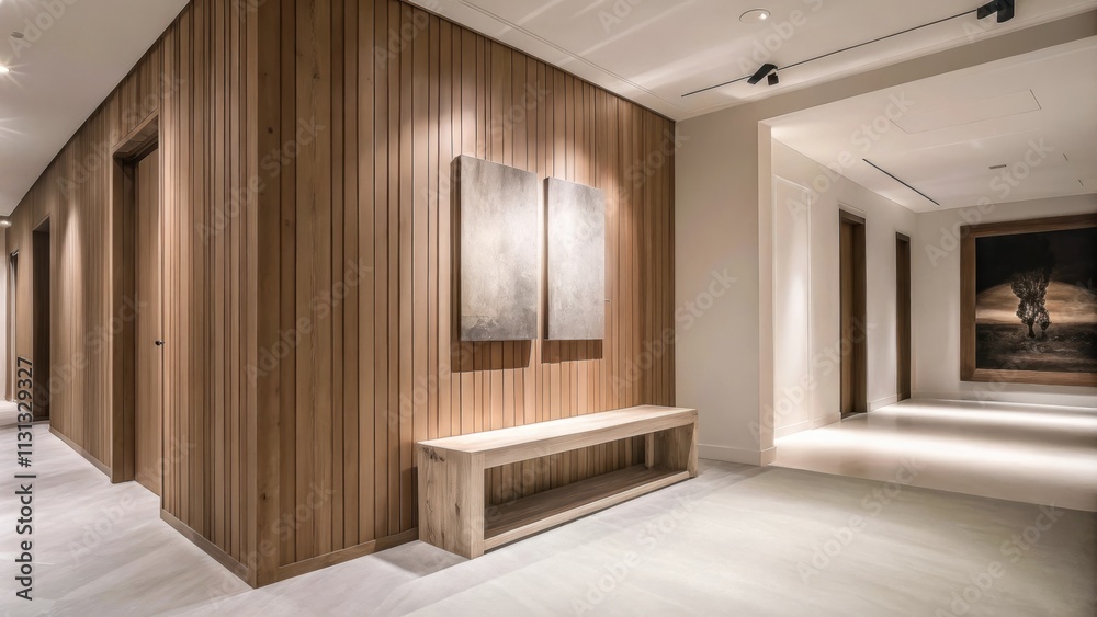 Poster a spacious hallway adorned with a woodpaneled accent wall featuring a simple bench made from reclaim