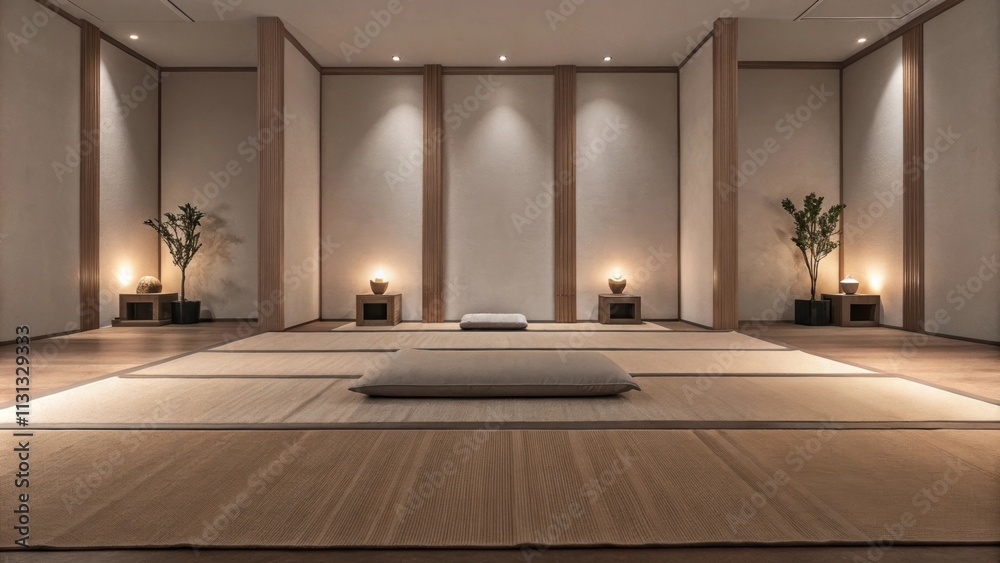 Poster a serene meditation room with a cushioned mat p in the middle surrounded by evenly spaced plants and
