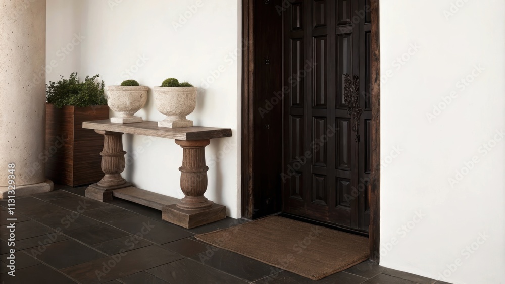 Poster A stylish entryway boasting a large reclaimed wood console table an organic cotton runner on the floor and decorative elements made from stone and greenery welcoming guests into a
