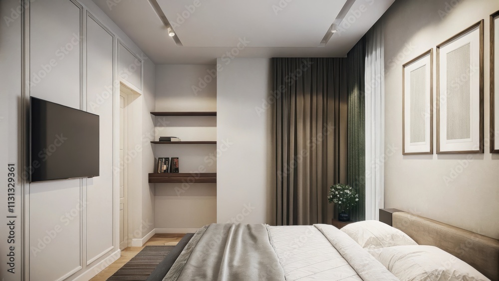 Aufkleber A tranquil bedroom showcasing a soft neutral color palette with a plush understated bedding set an elegant unadorned headboard and a simple wallmounted shelf displaying a few
