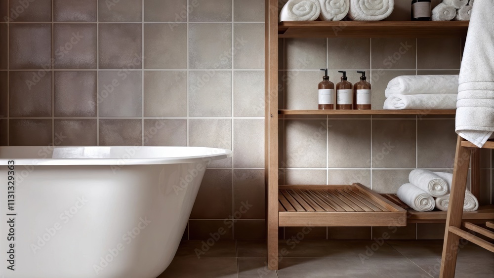 Poster a minimalist bathroom featuring softhued tiles a freestanding tub with a simple wooden tray resting 