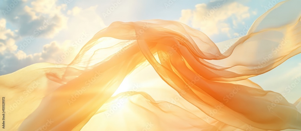 Fototapete Translucent fabric gracefully dancing in sunlight against a backdrop of soft clouds creating a serene and uplifting atmosphere.