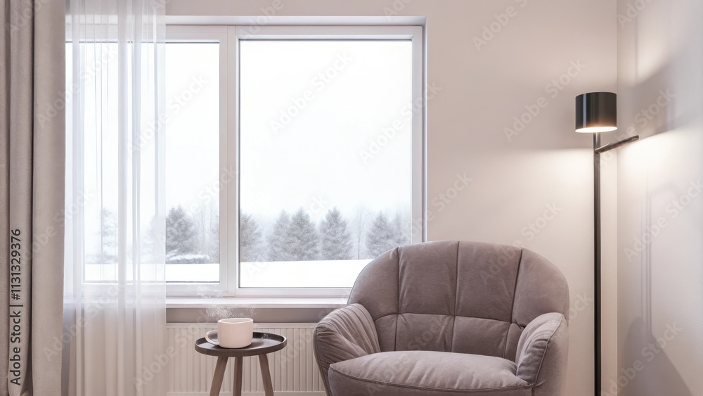 Poster A tranquil reading nook with a plush oversized chair in muted gray fabric a simple circular side table holding a steaming mug soft ambient lighting from a sleek floor lamp and