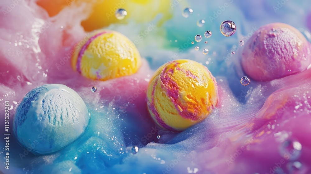 Aufkleber vibrant ice cream scoops in colorful pastel fluid with splashes and bubbles creating a playful and dreamy dessert scene