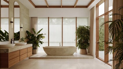 Fototapeta premium A calming bathroom designed with a freestanding stone tub matte wooden cabinetry and large potted plants that create a spalike atmosphere enhanced by natural light flooding through