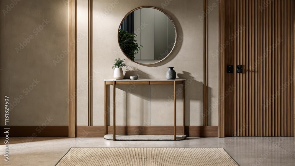Aufkleber An entryway with a simple console table a round mirror above it and a few carefully p decorative items. The floor is polished concrete and a soft rug anchors the space creating a
