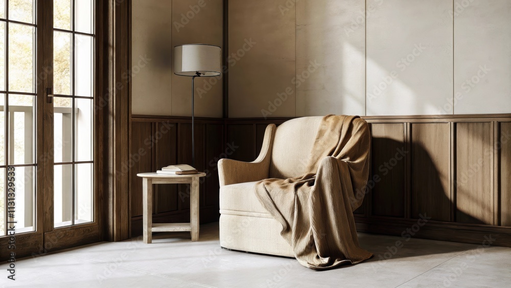 Aufkleber A tranquil reading nook is adorned with a single oversized armchair wrapped in a warm textured fabric. A small side table holds a minimalist lamp while an open window allows