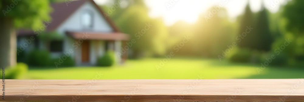Poster a minimalist wooden tabletop is elegantly set against a blurred garden and house background in an ar