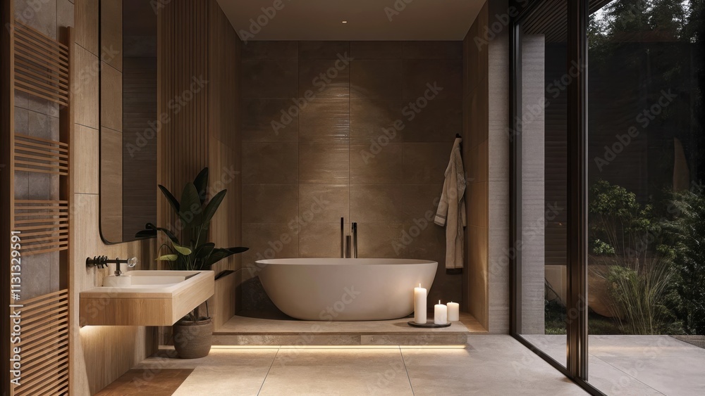Aufkleber A tranquil bathroom with a freestanding tub surrounded by smooth earthtoned tiles complemented by a large mirror with softly rounded edges and minimalist fixtures creating a