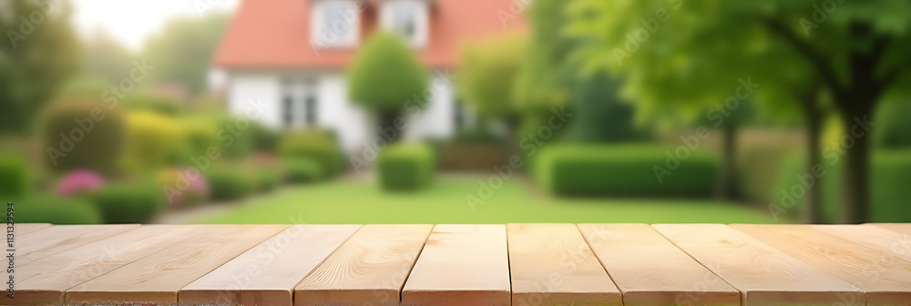 Poster a minimalist wooden tabletop is elegantly set against a blurred garden and house background in an ar
