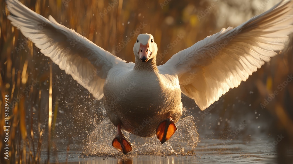 Aufkleber majestic goose in flight creating ripples on water surrounded by nature at sunset