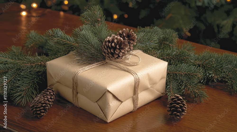 Poster elegant gift wrapped in brown paper adorned with pinecones and fresh evergreen branches on a festive