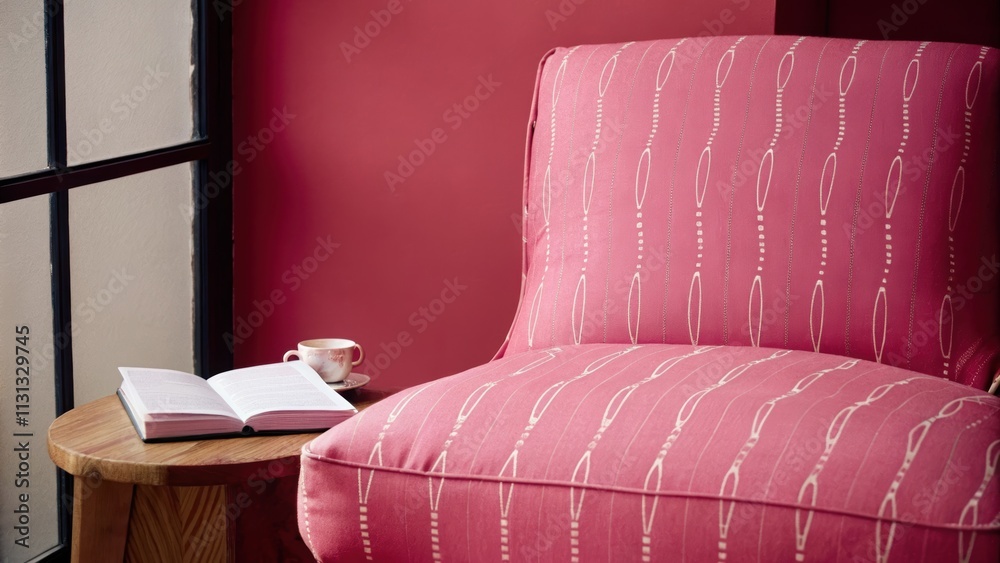 Aufkleber A cozy reading nook showcases a chair upholstered in a soft fabric adorned with delicate linear patterns paired with a wooden side table and a large window allowing natural light