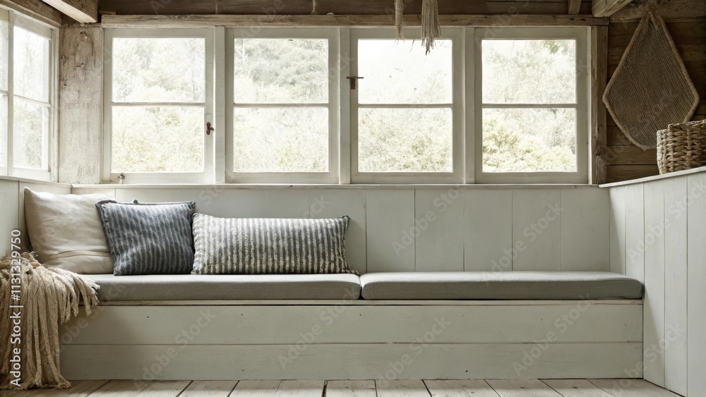 Aufkleber a cozy nook with a builtin bench upholstered in soft fabric surrounded by large windows offering tra