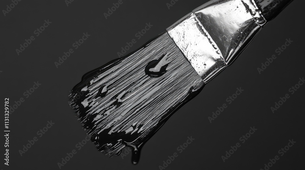 Aufkleber Black and white close up of a paintbrush dripping with liquid paint against a dark background showcasing artistic tools and creativity.