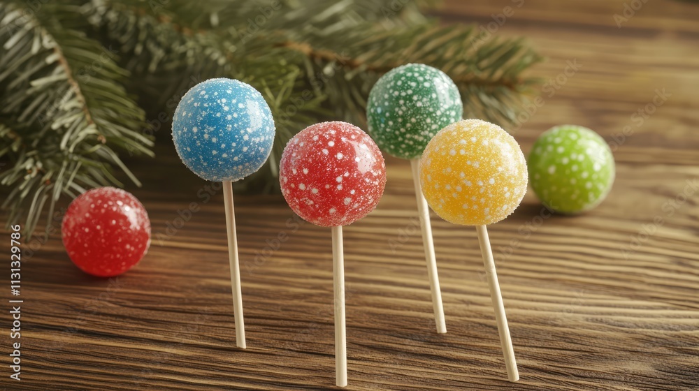 Poster colorful candy lollipops arranged on wooden surface with christmas tree branch backdrop creating fes