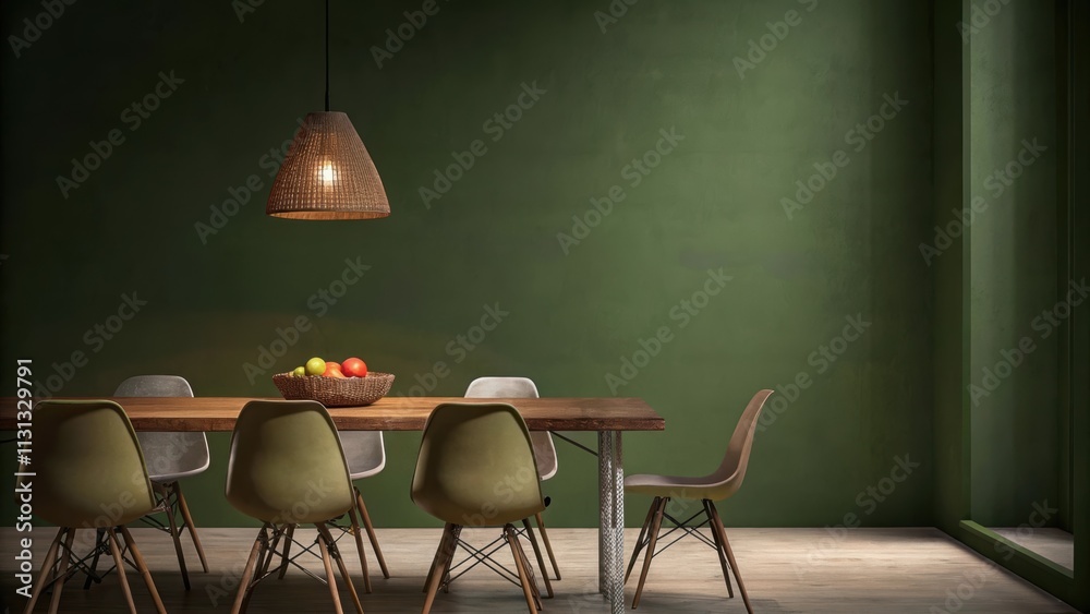 Poster a bright dining area with a reclaimed wood table surrounded by mismatched minimalist chairs. above a