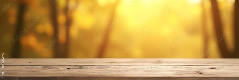 Poster a minimalist wooden table top with a blurred golden bokeh background suitable for various product di