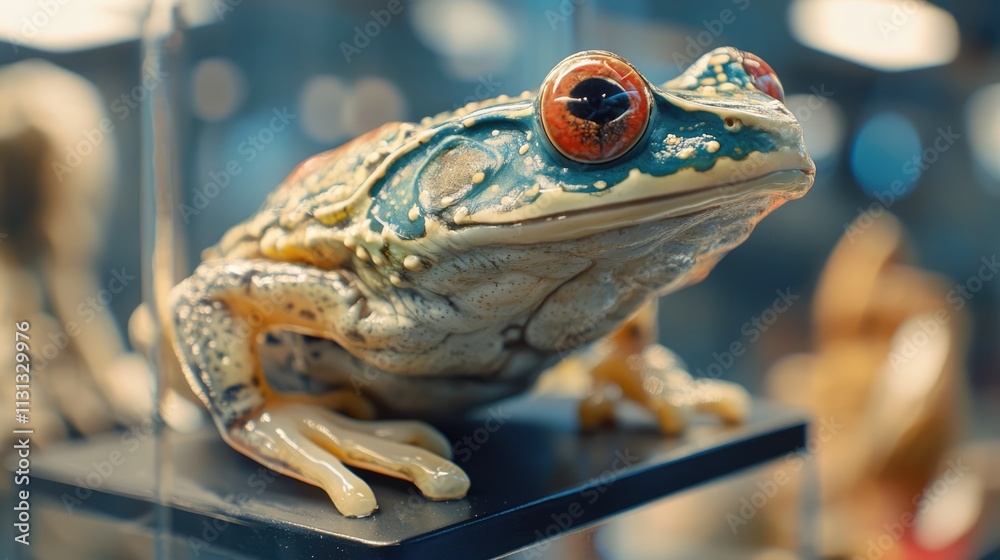 Poster close up of a detailed frog figurine showcasing vibrant colors on a display stand in a demonstration