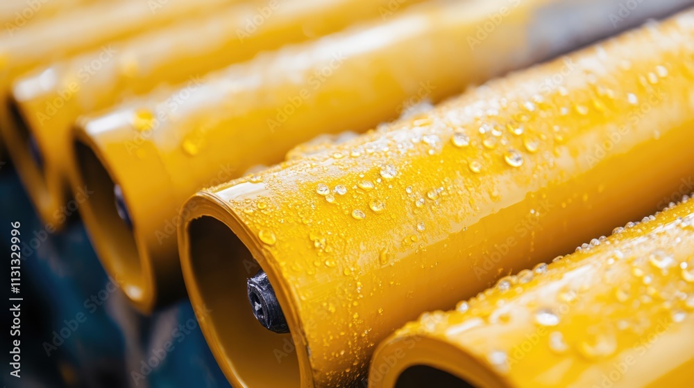 Poster Close up of yellow industrial rollers with water droplets reflecting light on a smooth surface showcasing their texture and detail.