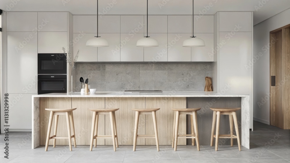 Poster A tranquil kitchen boasting matte white cabinetry and a subtle gray backsplash. The countertop is a smooth light stone with wooden bar stools that invite a sense of warmth and