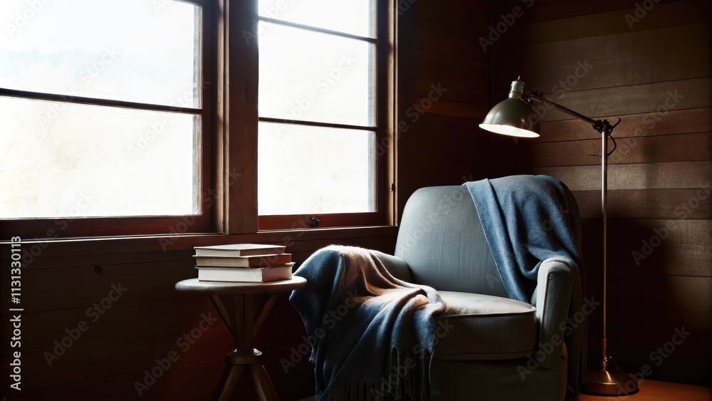 Aufkleber A cozy reading nook features a lowprofile armchair draped in a soft blanket positioned next to a large window. A small side table holds a stack of books while an industrialstyle