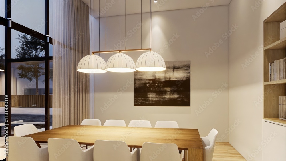 Poster the dining area is anchored by a long wooden table surrounded by simple white chairs. a statement pe