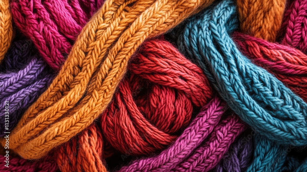 Poster Closeup of colorful wool knitted textiles featuring vibrant scarf textures intertwined with large binding knitting needles
