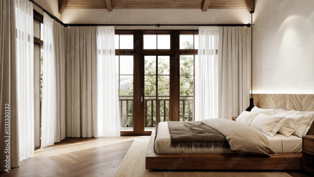 Aufkleber A serene bedroom with a lowprofile bed dressed in soft muted linens complemented by a lighttoned wooden headboard and large windows framed by white curtains that allow soft