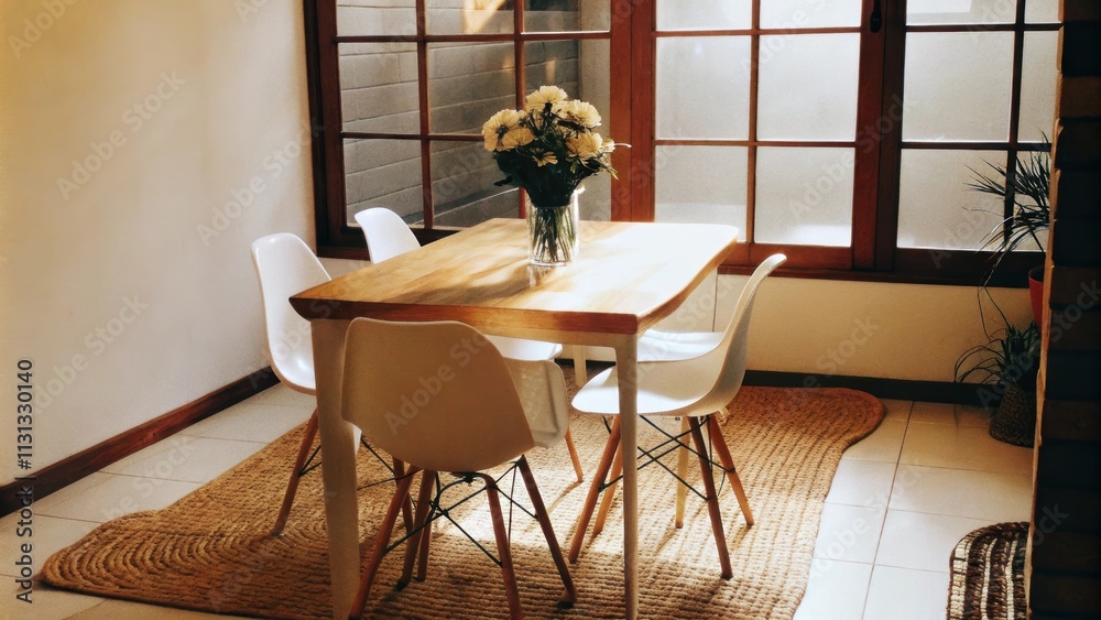 Poster an airy dining area set against a large window featuring a rustic wooden table surrounded by white c
