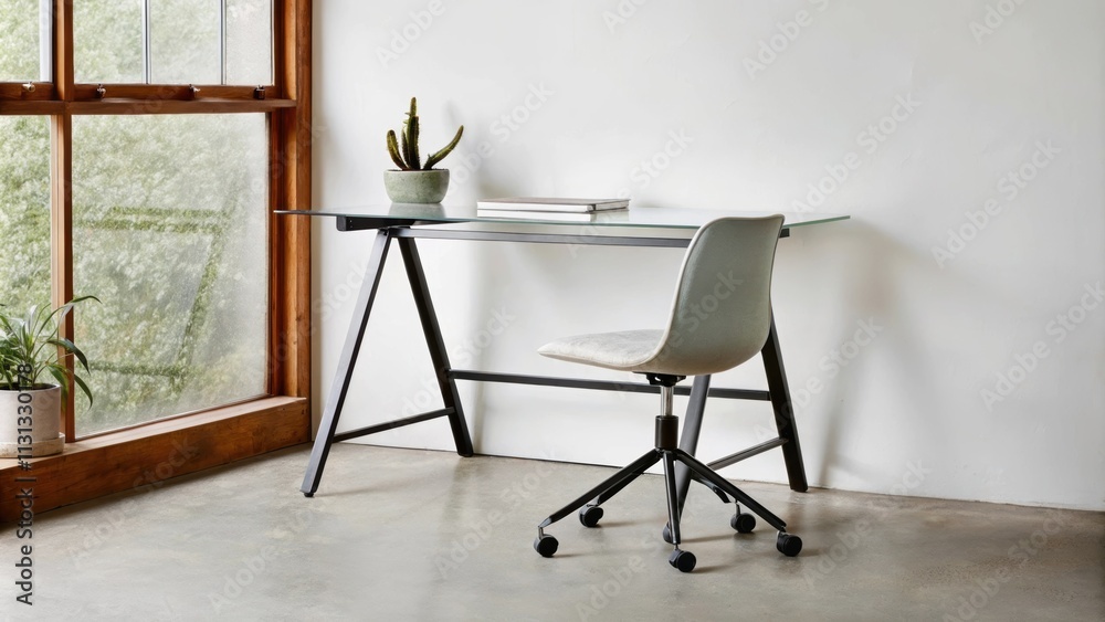 Poster a streamlined workspace features a simple desk made of glass and steel positioned near a window. an 